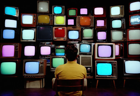 Man looking at multicolored TV sets in a television room.の素材