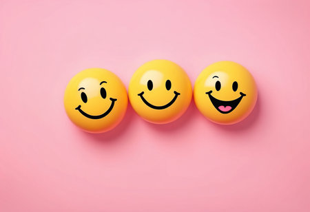 Three smiling eggs with smiley faces on pink background, top viewの素材