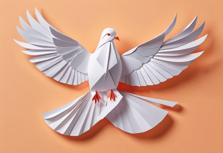 Origami white dove on an orange background. 3d rendering.の素材