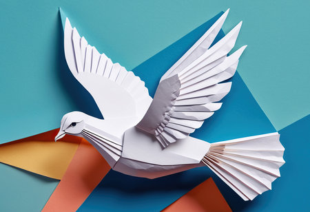 Paper origami white bird on blue and orange background. Concept of freedom and peace.の素材