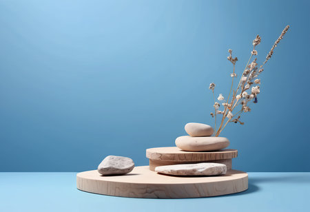 3d render of podium for product presentation with dry flowers and pebblesの素材