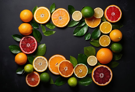 Citrus fruits on a black background. Oranges, lemons, lines, grapefruits.の素材