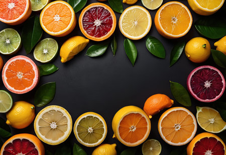 Variety of citrus fruits including lemons, lines, grapefruits and oranges on black background.の素材