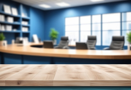 Wooden table top on blurred office background. Mock up, 3D Renderingの素材