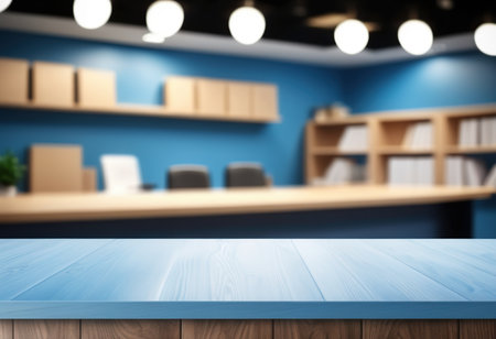 Wooden table top with blur office background. Mock up, 3D Renderingの素材