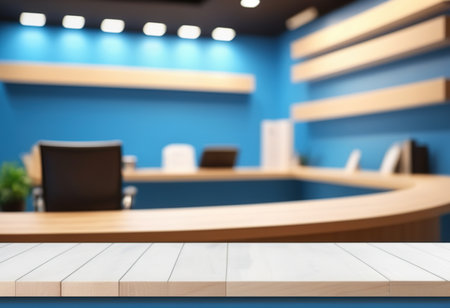 Empty wooden table in front of a blue reception desk. 3d rendering mock upの素材