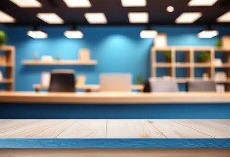 Wooden table in front of a blue wall in a modern officeの素材