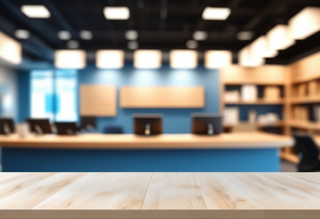 Wood Table Top And Blur Office Background. 3D Renderの素材