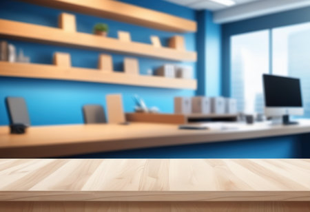 Wooden table in front of blurred office background. Mock up, 3D Renderingの素材