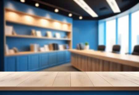 Wooden table in front of a modern office background. 3d rendering mock upの素材