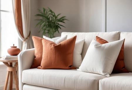 Comfortable sofa with pillows in modern living room, closeupの素材