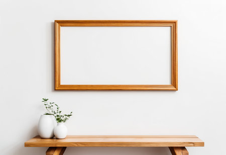 Wooden shelf with empty frame and vase on white wall backgroundの素材