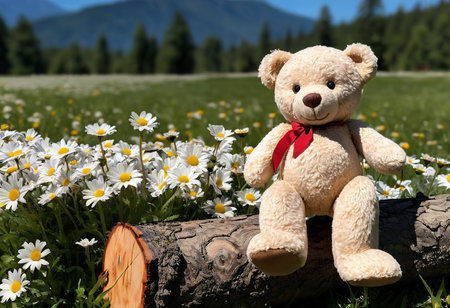 Teddy bear sitting on a log with daisies in the backgroundの素材