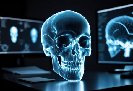 X-ray image of human skull on table with computer background.の素材