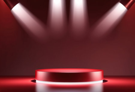 Red podium on red background with spotlights, realistic vector illustration.の素材