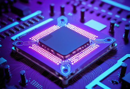 Close-up view of a modern GPU card chip. 3D renderingの素材