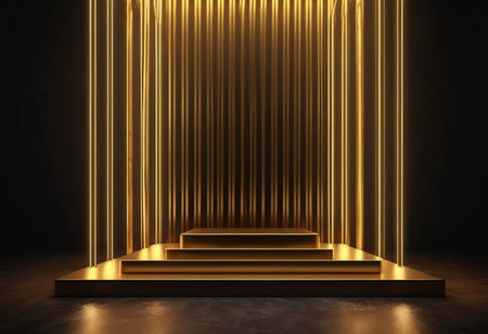 Golden podium in dark room, 3d rendering. Computer digital drawing.の素材