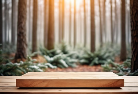 Wooden board on the table in the forest. Blurred background.の素材
