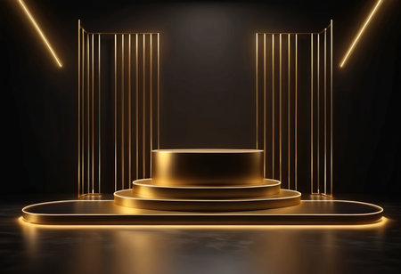 Abstract dark black background with golden podium and golden lines. 3d renderの素材