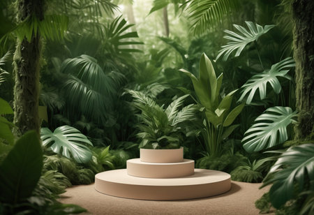 3d render of podium in the jungle. Product display stand.の素材