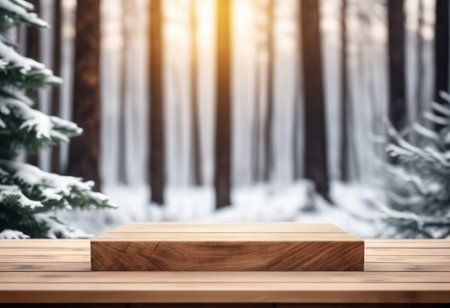 Wooden product stand on snowy forest background. Mock up, 3D Renderingの素材