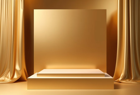 Golden podium with gold drapery and curtains. 3d renderingの素材