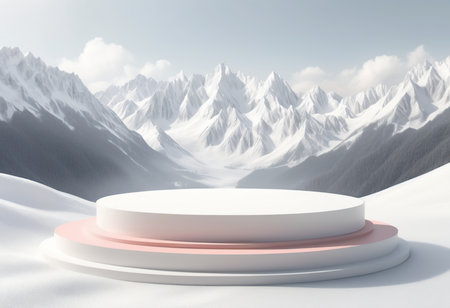 Podium on snow with mountains in the background. 3d renderingの素材