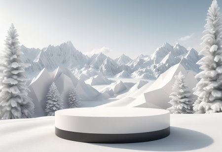 3d render of a white podium in the winter mountains with snowflakesの素材