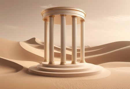 3d render of white marble columns in the desert with sand dunesの素材
