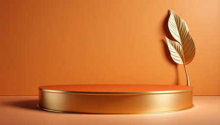 3d render of golden podium with leaves on orange background. Minimal scene for product presentation.の素材