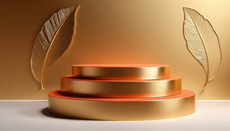 Podium, pedestal or platform for product presentation with golden feathers. Vector illustrationの素材
