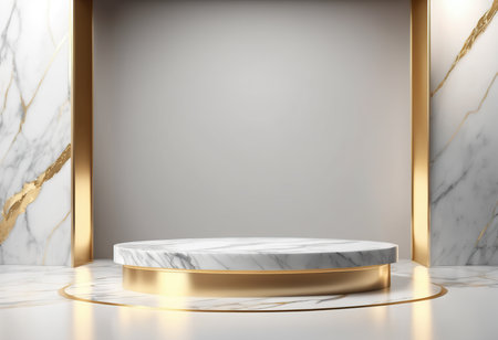 3d rendering of golden podium on white marble background with marble texture.の素材