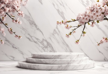 White marble podium and cherry blossom branchesle background, 3d renderの素材