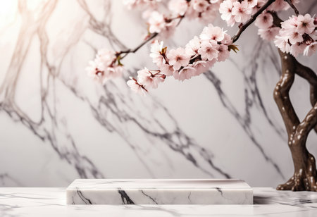 White marble podium with cherry blossom branchesle background. Mockup for product presentationの素材