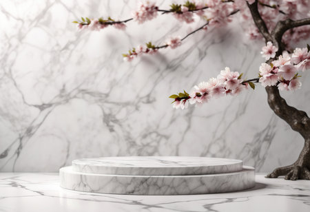 White marble podium with cherry blossom branchle background. 3d renderの素材
