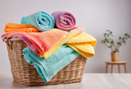 Colorful towels in a basket on a wooden table in the roomの素材