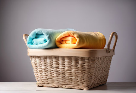 Basket with clean towels on wooden table. Laundry conceptの素材