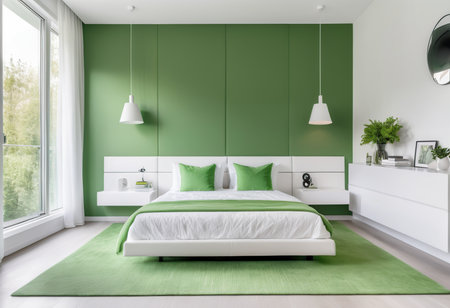 Interior of modern bedroom with green walls, carpet and white master bed. 3d renderingの素材