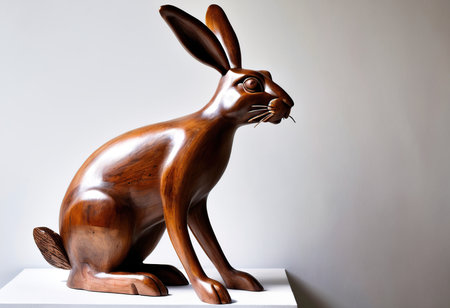 Wooden rabbit statue on a white background with space for text.の素材