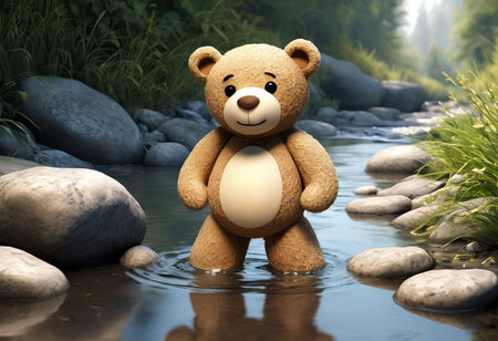 Teddy bear in the river. 3D illustration. Nature.の素材