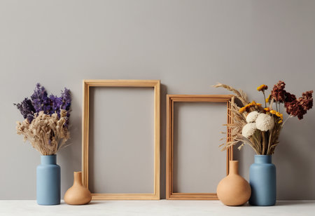 Three empty photo frames with dried flowers in vases on white tableの素材