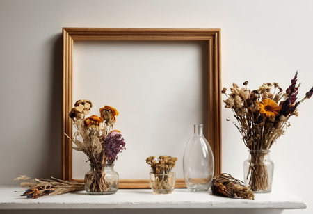 Dried flowers in glass bottles on white shelf with wooden frame.の素材