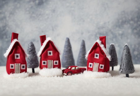 Christmas greeting card with toy houses and red car on snowy background.の素材