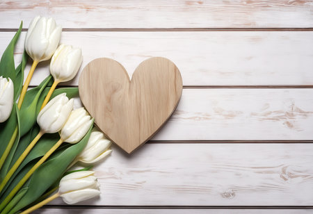 White tulips and wooden heart on white wooden background. Top view with copy spaceの素材