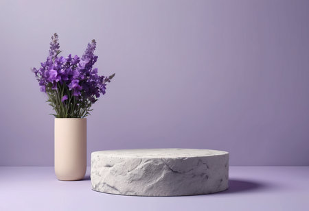 3d render of white marble podium with lavender flowers in vaseの素材