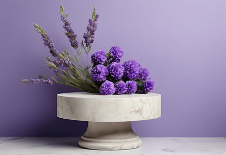 Beautiful lavender flowers on white marble table against purple wall.の素材