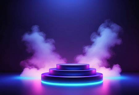 Abstract round podium illuminated by neon lights. Award ceremony concept. Stage backdrop. Vector illustrationの素材