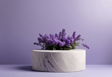 Lavender flowers on white marble pedestal. 3d renderingの素材