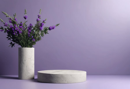 3d rendering of minimal product display podium with lavender flowers.の素材
