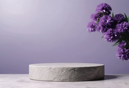 White marble podium with purple flowers on a white background. 3d renderingの素材